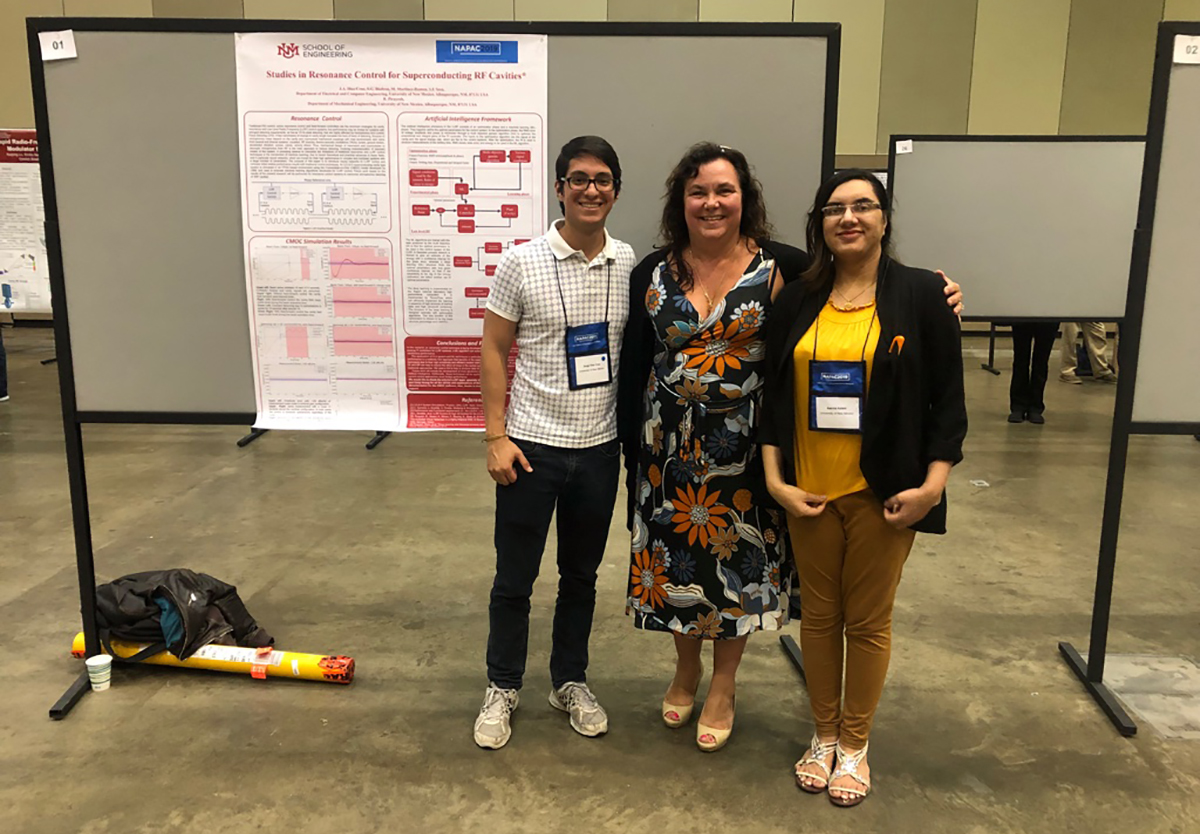 (From left): Jorge Alberto Diaz Cruz (UNM electrical and computer engineering Ph.D. candidate with Biedron performing research at SLAC), Biedron, and Aasma Aslam. Taken at the 2019 Particle Accelerator Conference in Lansing, Michigan. Photo by S.V. Milton (Los Alamos National Laboratory).   